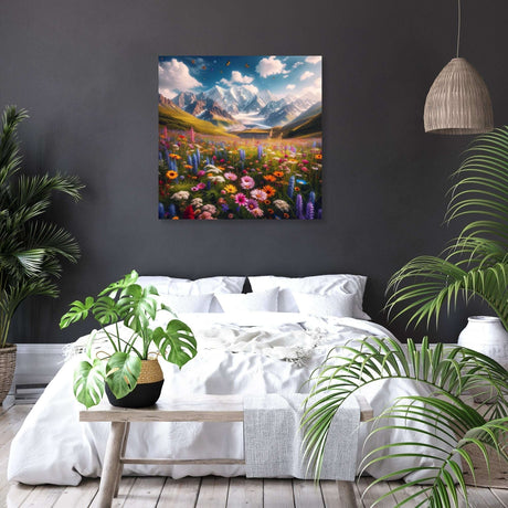 Vibrant wall art canvas featuring a mountain landscape with colourful flowers, ideal for home decor