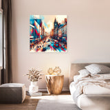 Vibrant Wall Art Canvas depicting a cityscape with iconic red buses and lively streets, perfect for home decor