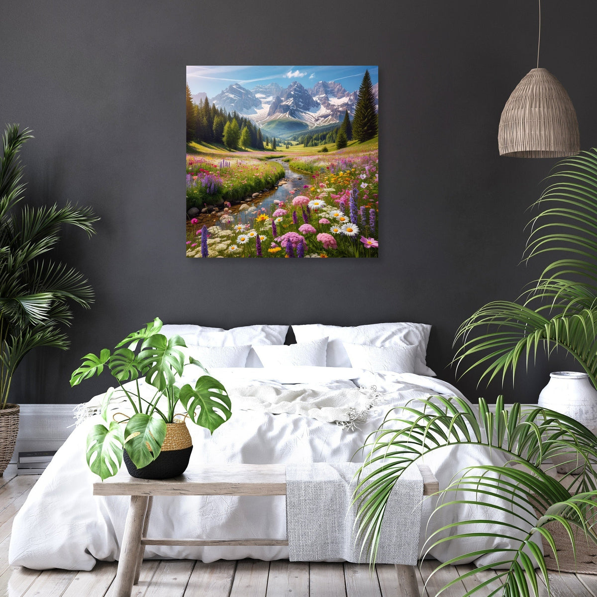 Stunning wall art canvas featuring a vibrant mountain landscape with blooming flowers and a serene stream