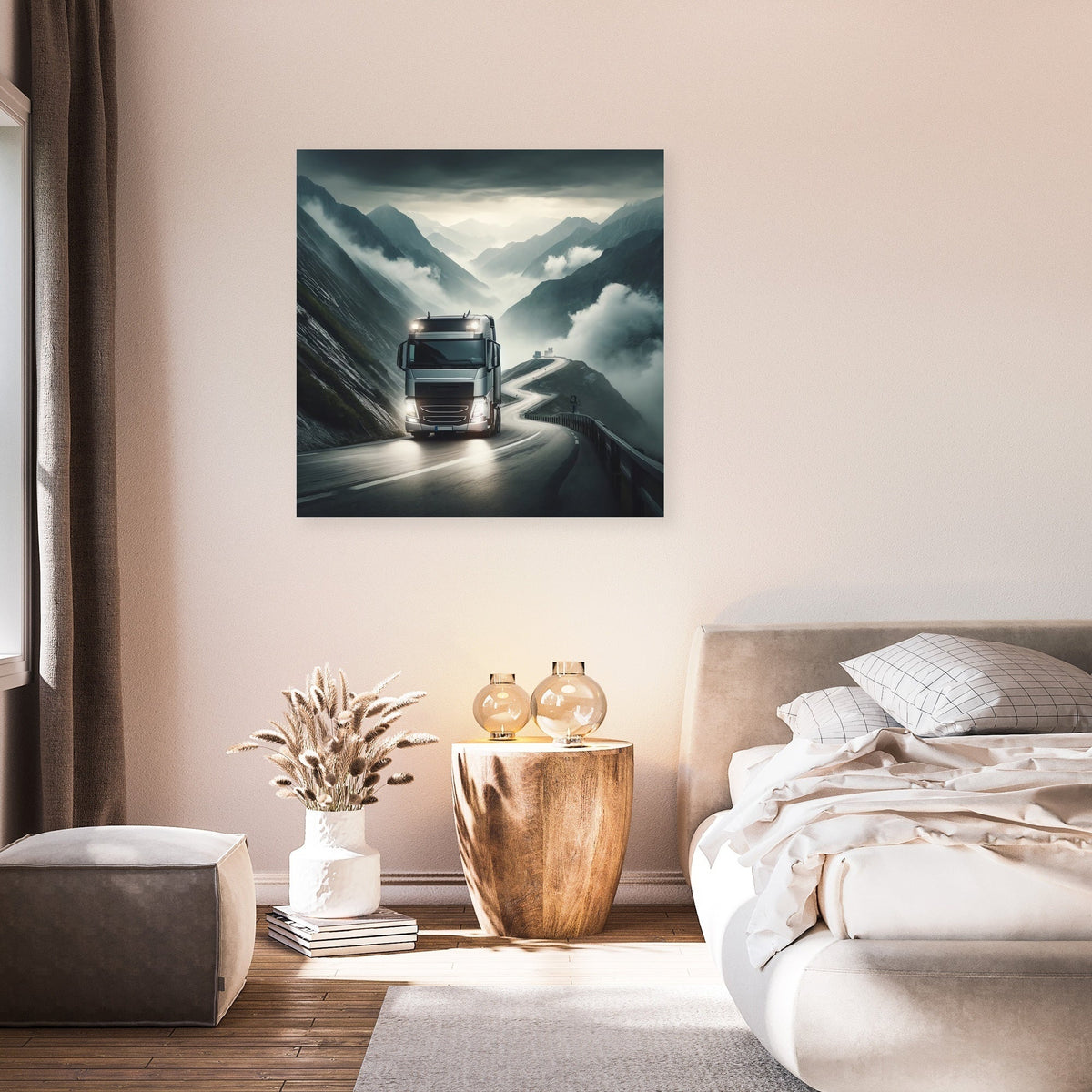 Stunning Wall Art Canvas featuring a truck driving through a mountainous landscape in a modern bedroom setting