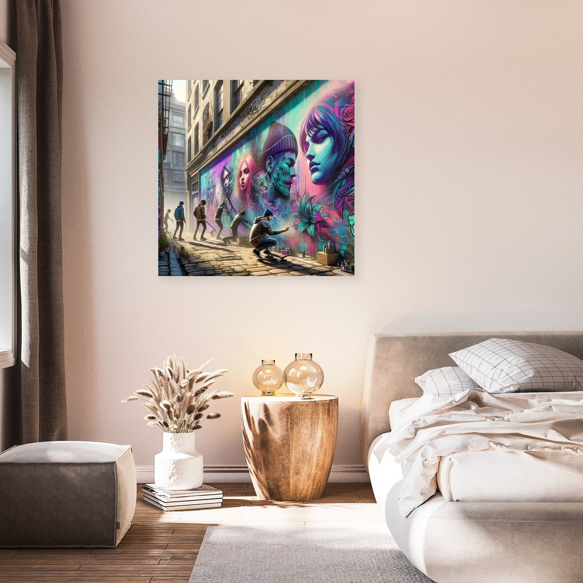 Vibrant wall art canvas featuring street art with colourful portraits in a stylish bedroom setting