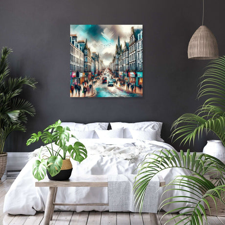 Beautiful Wall Art Canvas depicting a bustling city scene with people and buildings, perfect for modern decor
