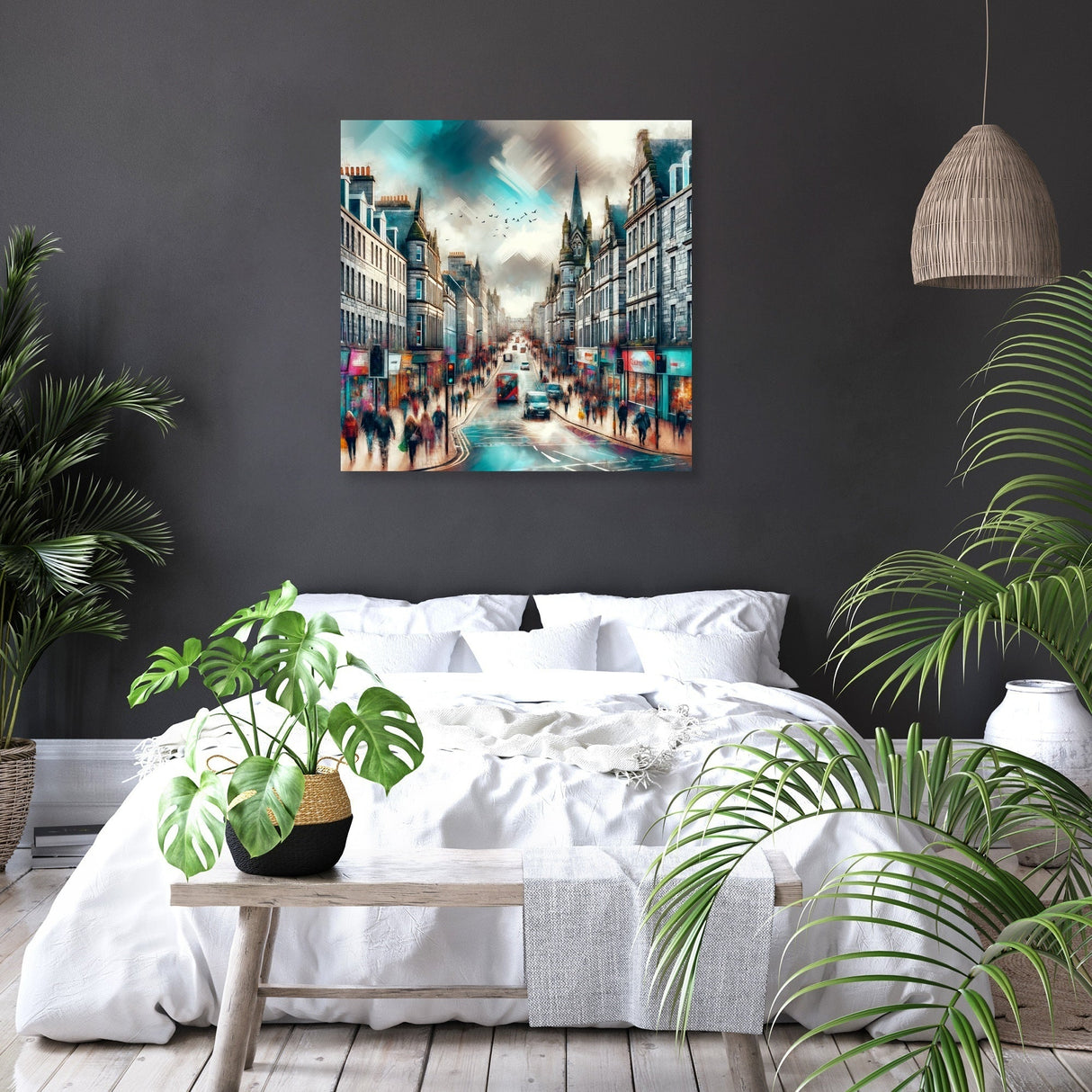 Beautiful Wall Art Canvas depicting a bustling city scene with people and buildings, perfect for modern decor