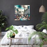 Beautiful Wall Art Canvas depicting a bustling city scene with people and buildings, perfect for modern decor