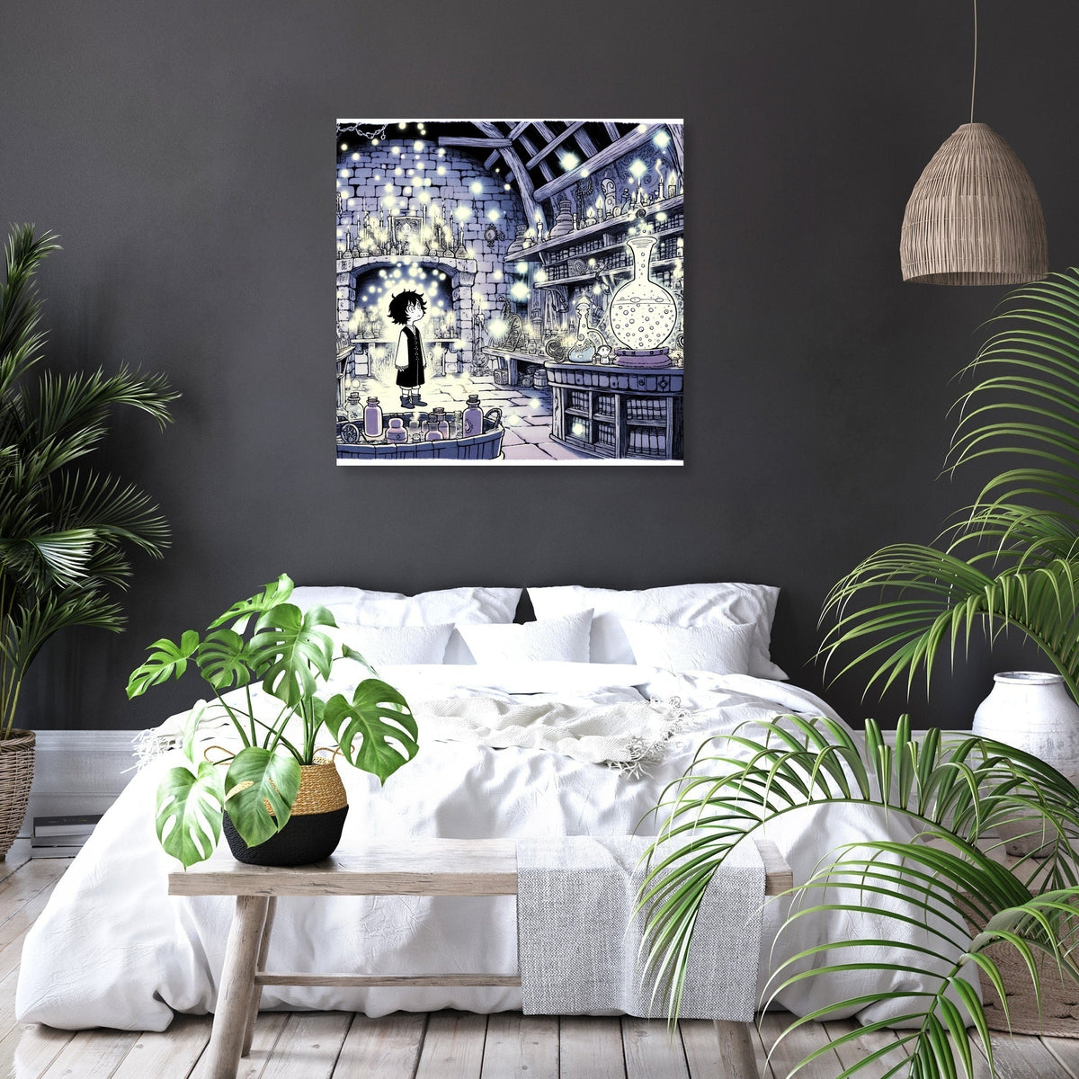 Stylish wall art canvas featuring a whimsical alchemist's laboratory in a modern bedroom setting