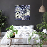 Stylish wall art canvas featuring a whimsical alchemist's laboratory in a modern bedroom setting
