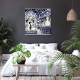 Stylish wall art canvas featuring a whimsical alchemist's laboratory in a modern bedroom setting