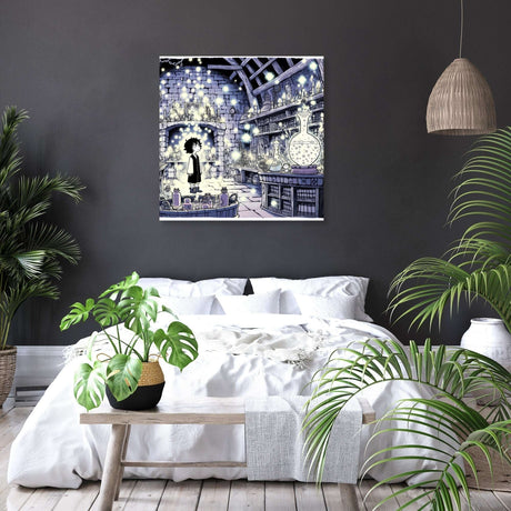 Stylish wall art canvas featuring a whimsical alchemist's laboratory in a modern bedroom setting