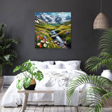 Serene Wall Art Canvas depicting a lush river valley with vibrant flowers and mountains in a stylish bedroom