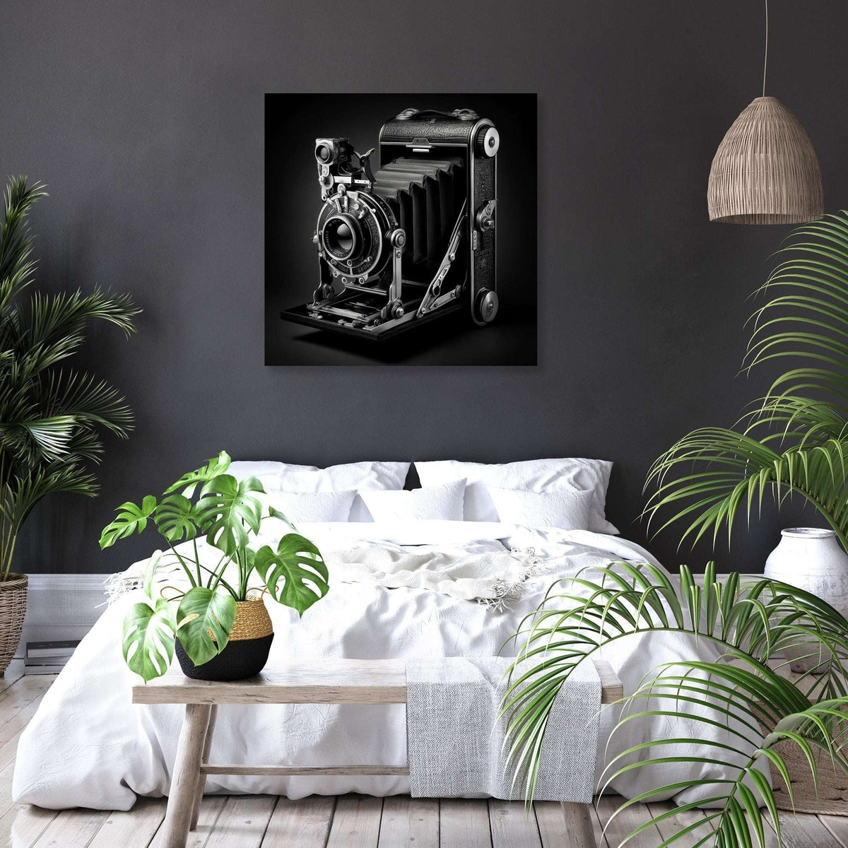 Vintage photographic camera wall art canvas, perfect for modern home decor in a stylish bedroom