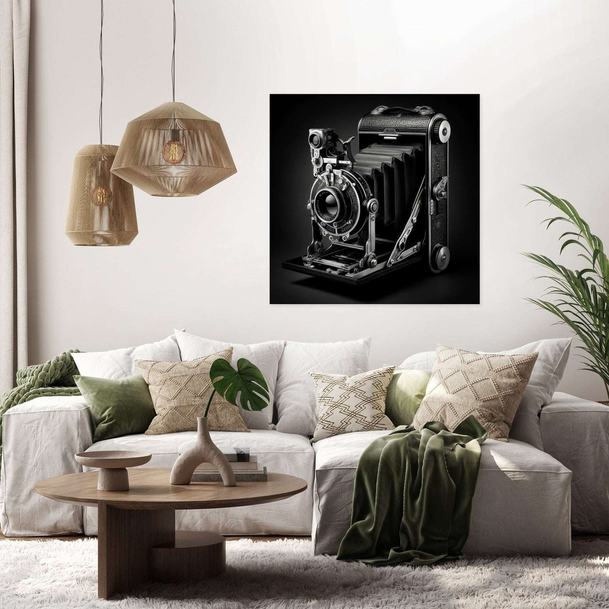 Vintage black and white wall art canvas featuring an old camera on display in a stylish living room