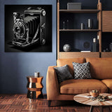 Vintage camera wall art canvas displayed in a modern living room setting