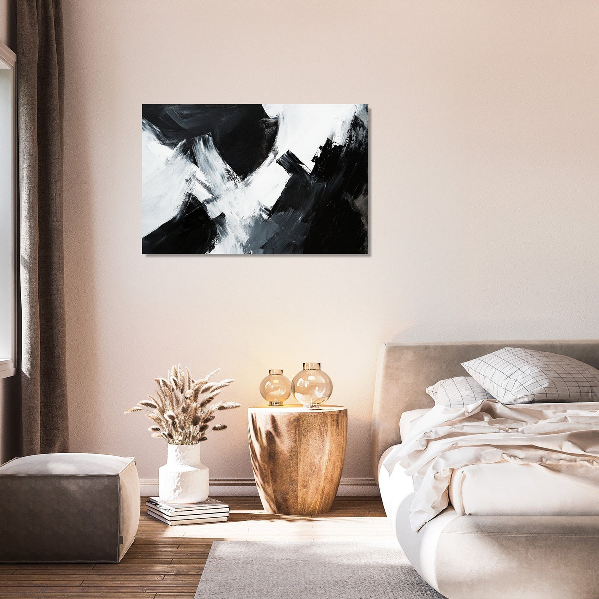 Stylish Wall Art Canvas featuring abstract black and white design in a modern bedroom setting