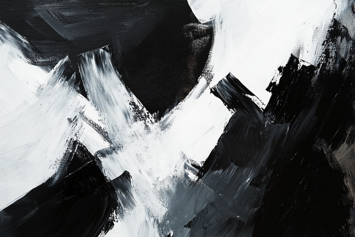 Modern abstract wall art canvas in black and white with bold brush strokes