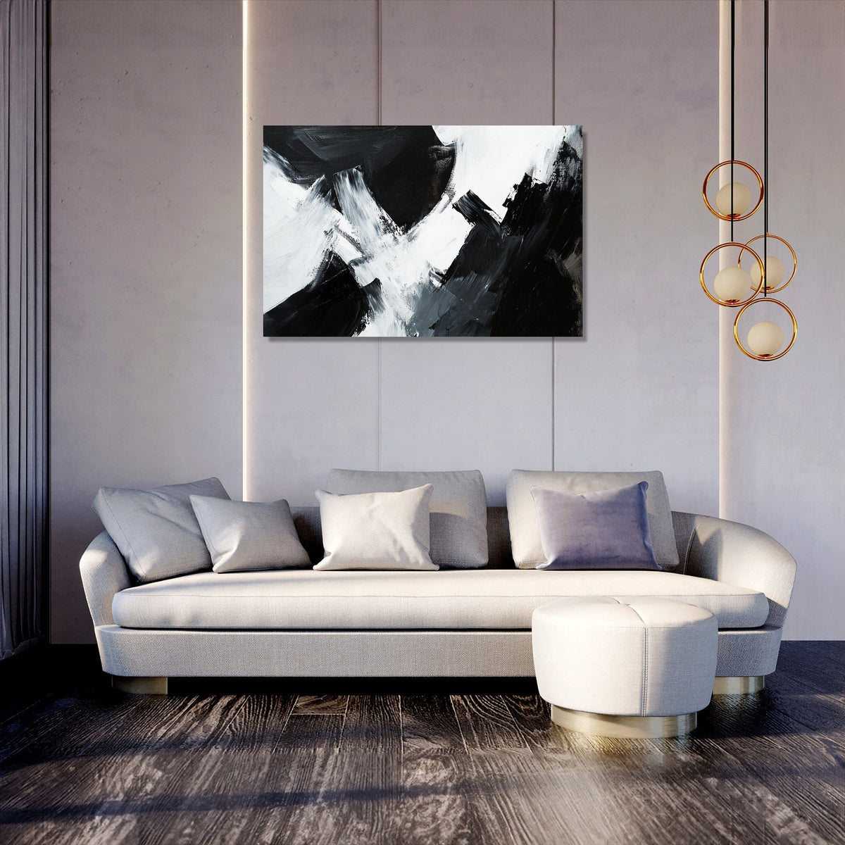 Abstract Wall Art Canvas featuring bold black and white brush strokes in a modern living room setting
