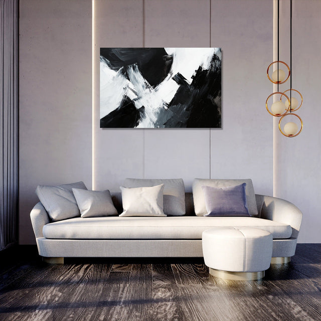 Abstract Wall Art Canvas featuring bold black and white brush strokes in a modern living room setting