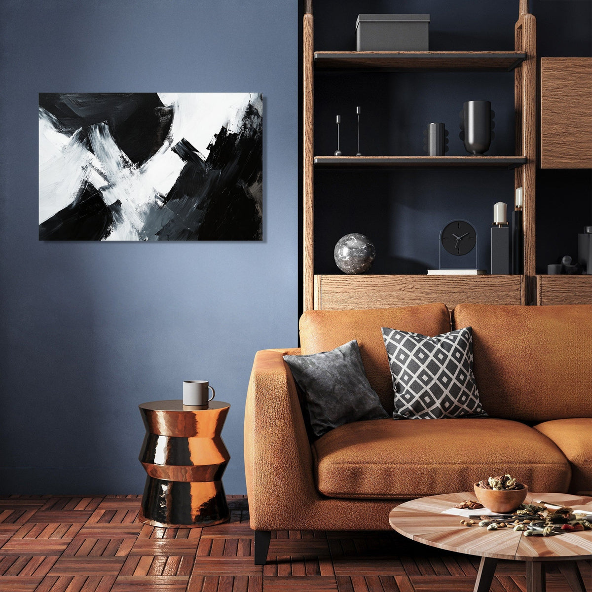 Modern abstract wall art canvas in black and white, enhancing living room decor