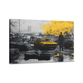 Dramatic Wall Art Canvas depicting a lone figure in a post-apocalyptic landscape featuring gritty cars and vibrant colours