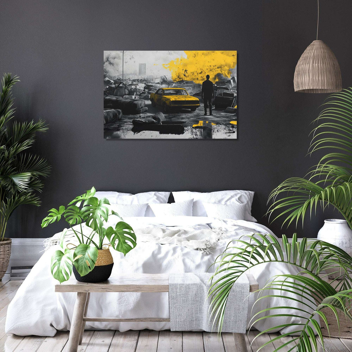 Modern wall art canvas featuring a yellow taxi in a monochrome urban setting for stylish home decor