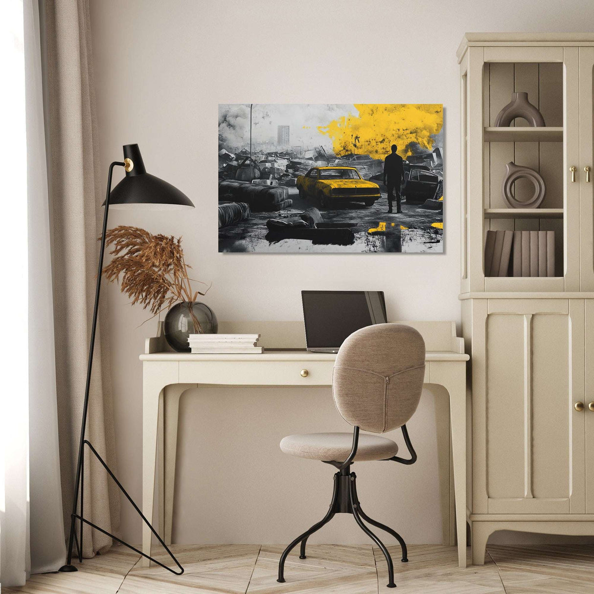 Stylish Wall Art Canvas featuring a dramatic urban scene with a lone figure and a vintage taxi