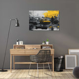 Contemporary Wall Art Canvas featuring a yellow taxi amidst a dramatic urban scene