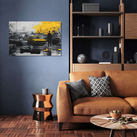Contemporary wall art canvas featuring a cityscape with yellow accents and a figure amidst cars