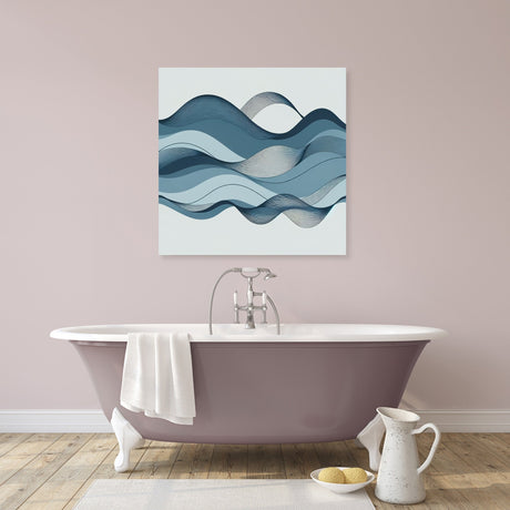 Home Art Haven Wall Art Canvas featuring abstract blue waves above a stylish bathtub