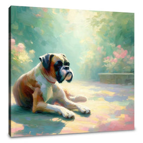 Beautiful Wall Art Canvas featuring a serene Boxer dog resting in a floral garden setting