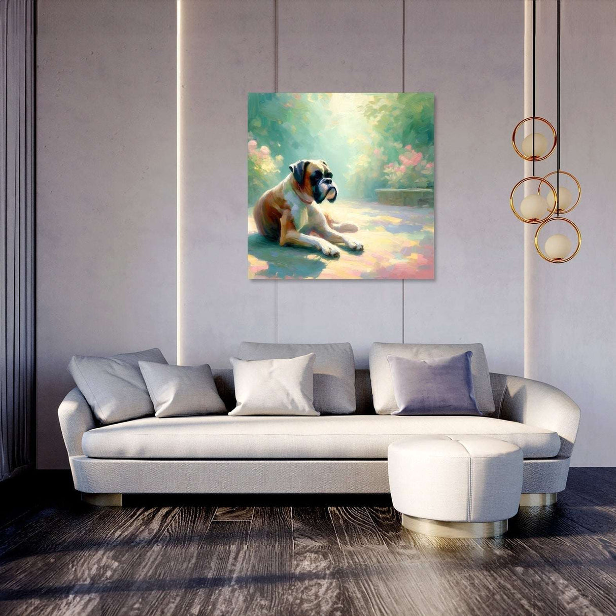 Stunning Wall Art Canvas featuring a serene dog resting in a beautifully lit room