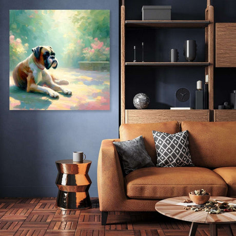 Charming wall art canvas featuring a relaxed dog in a sunlit garden setting for home decoration