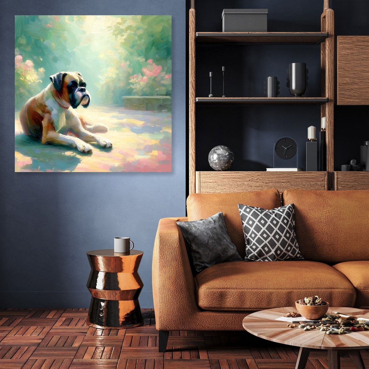 Charming wall art canvas featuring a relaxed dog in a sunlit garden setting for home decoration