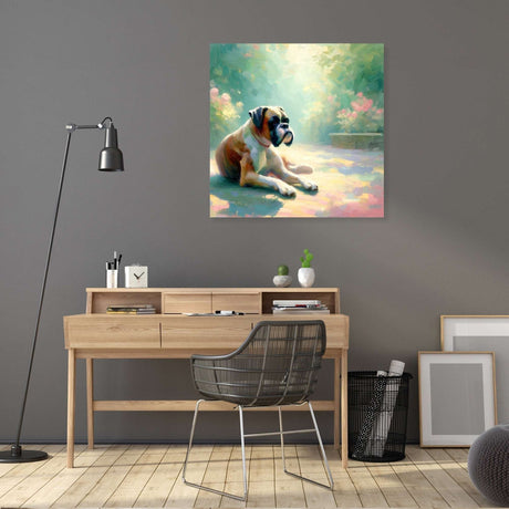 Beautiful Wall Art Canvas featuring a serene dog resting in a sunlit garden setting
