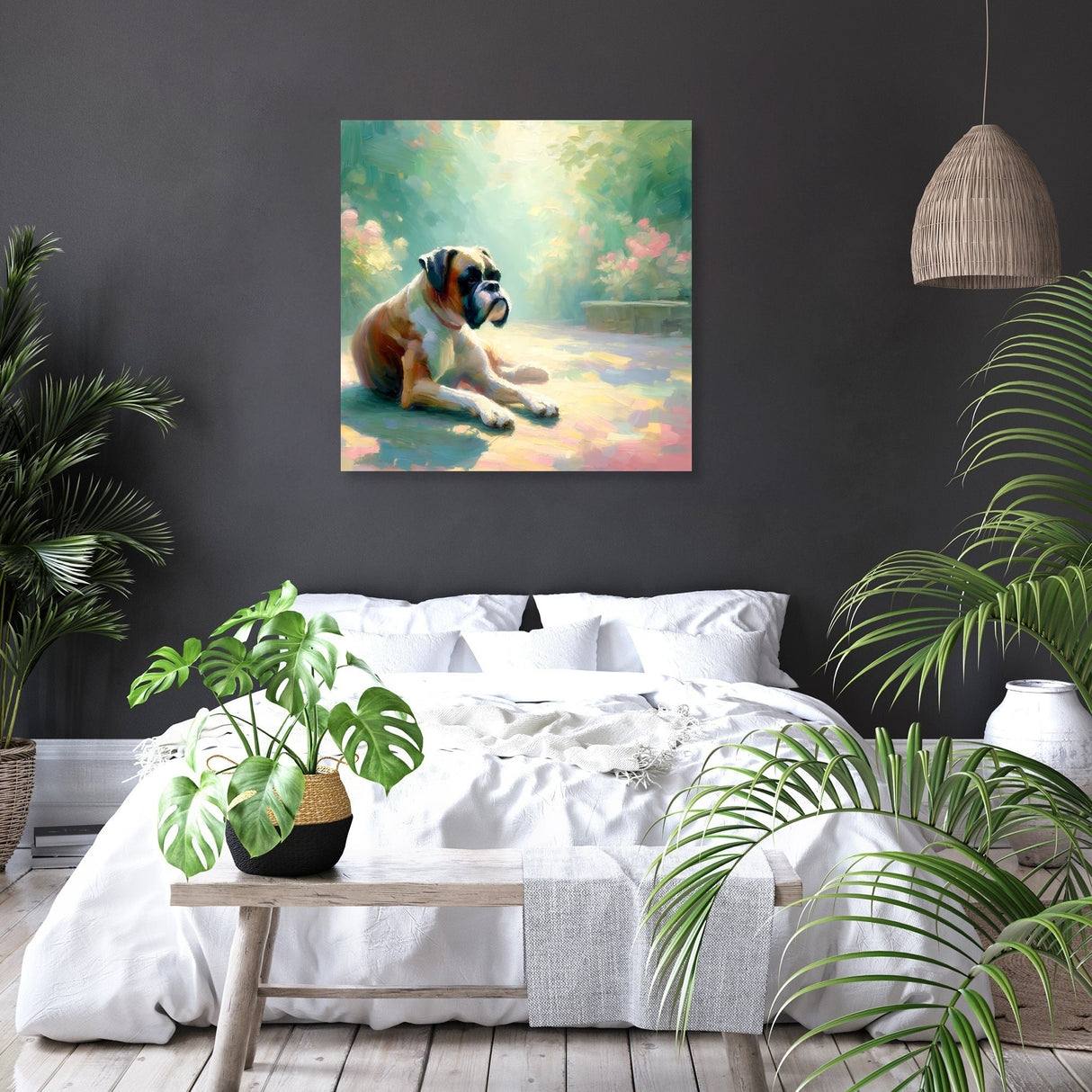 Beautiful wall art canvas featuring a serene dog in a tranquil setting, perfect for home decor