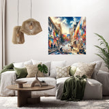 Vibrant Wall Art Canvas depicting a lively street scene with people and colourful murals in a modern living room
