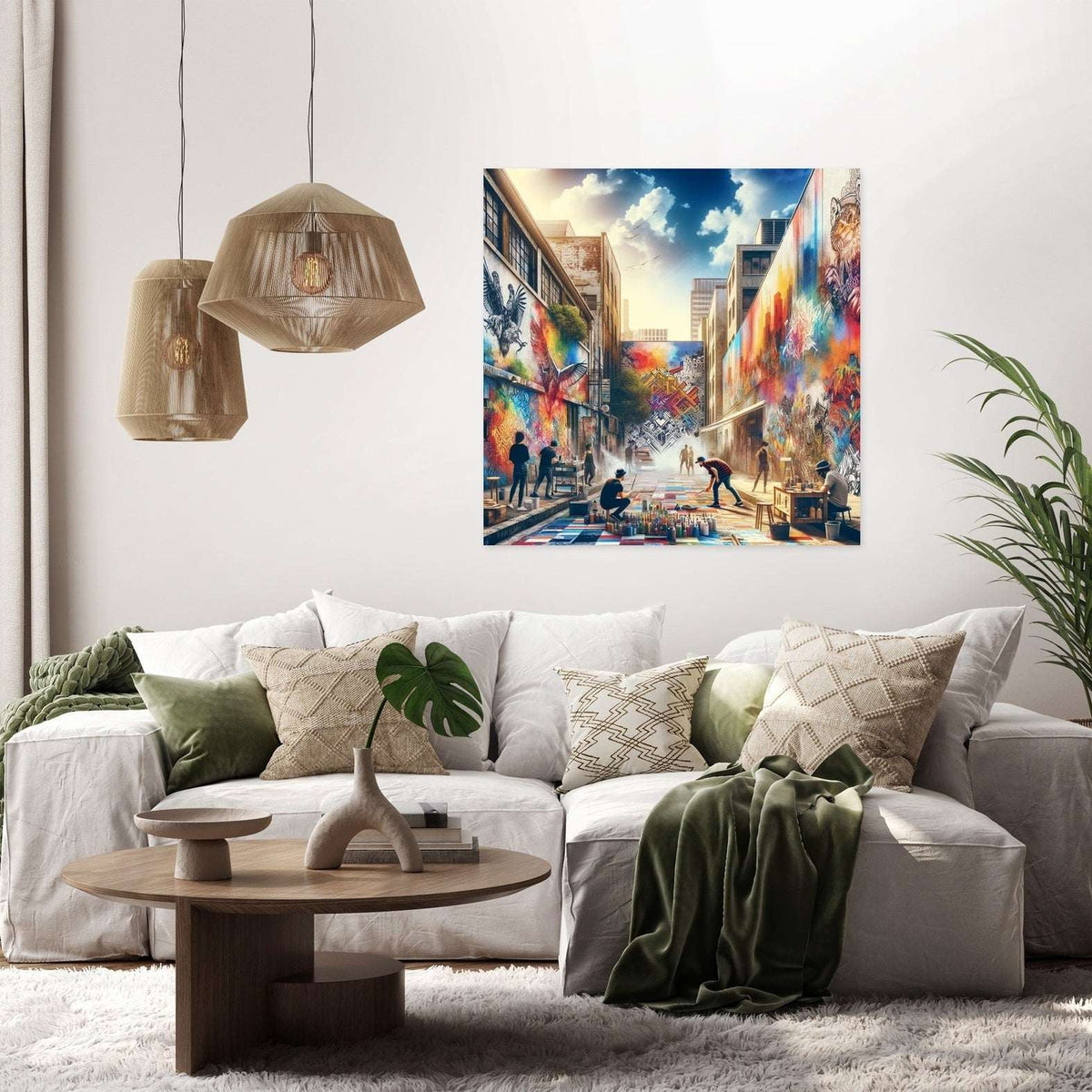 Vibrant Wall Art Canvas depicting a lively street scene with people and colourful murals in a modern living room