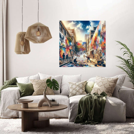 Vibrant Wall Art Canvas depicting a lively street scene with people and colourful murals in a modern living room