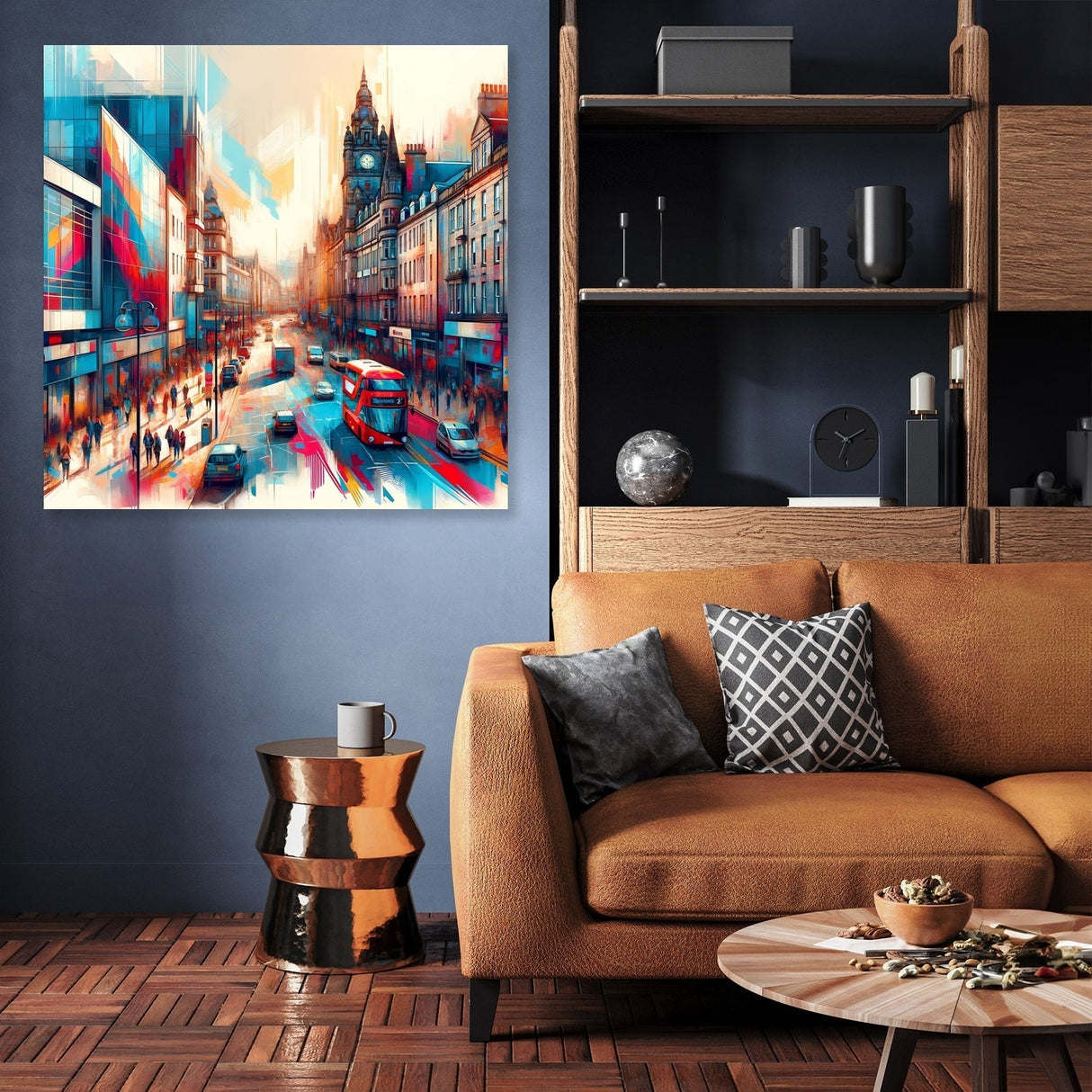 Vibrant Wall Art Canvas depicting a busy city street with red double-decker buses and modern buildings