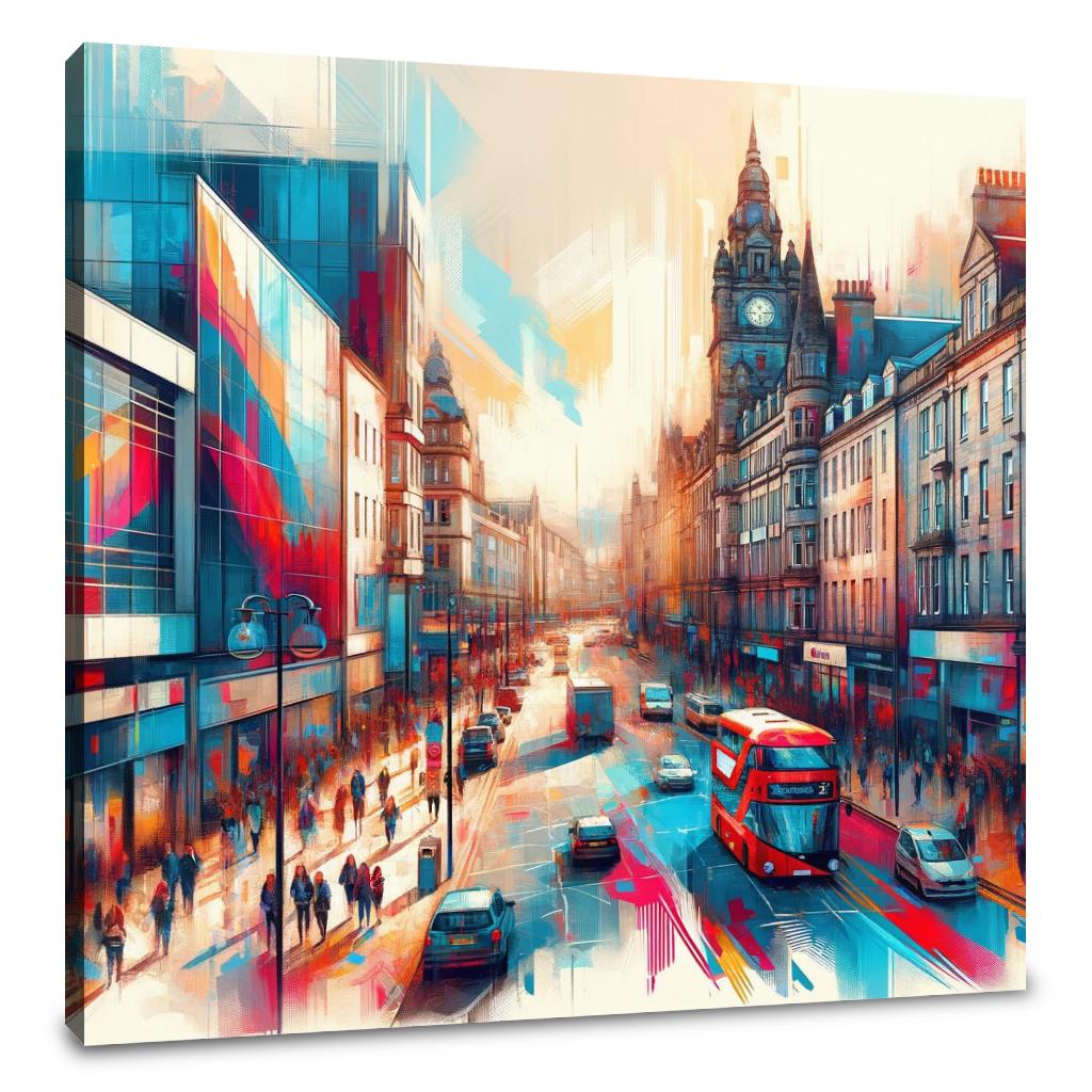 Vibrant Wall Art Canvas featuring a bustling city street scene with iconic red buses