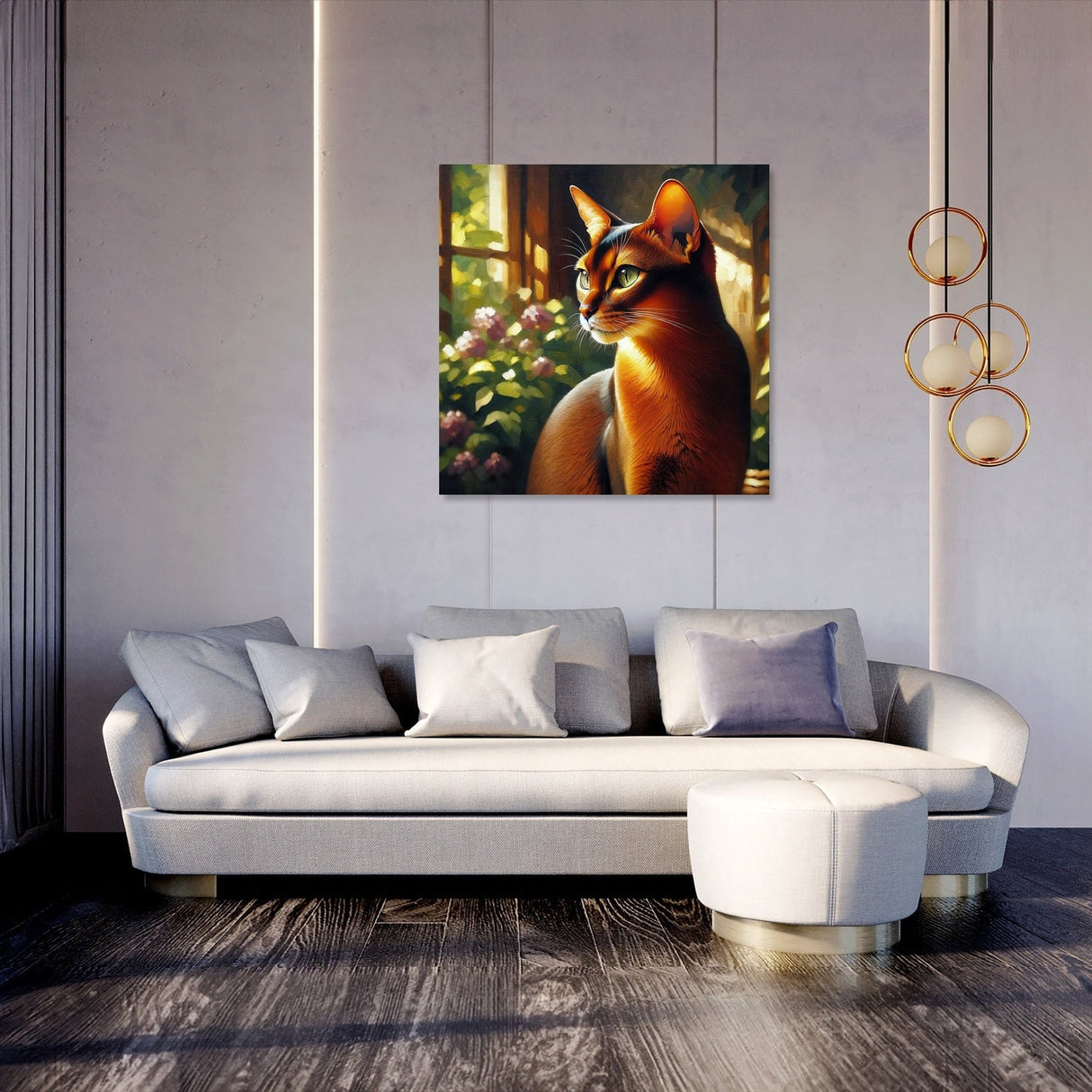 Elegant wall art canvas featuring a cat in a sunlit room with flowers, perfect for home decor