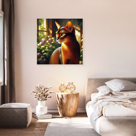 Beautiful wall art canvas featuring a cat sitting by a window with floral scenery