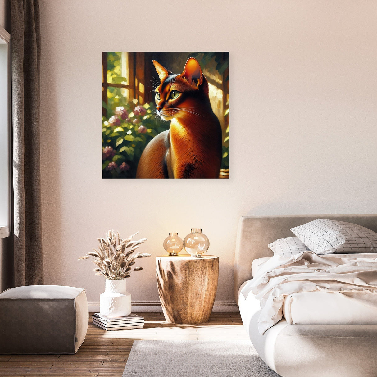 Beautiful wall art canvas featuring a cat sitting by a window with floral scenery