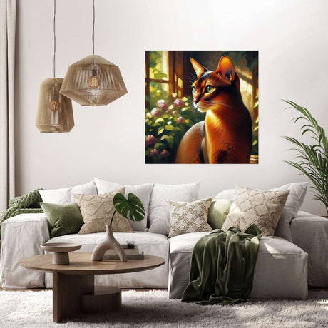 Beautiful cat wall art canvas depicting a serene scene with vibrant colours and a warm atmosphere