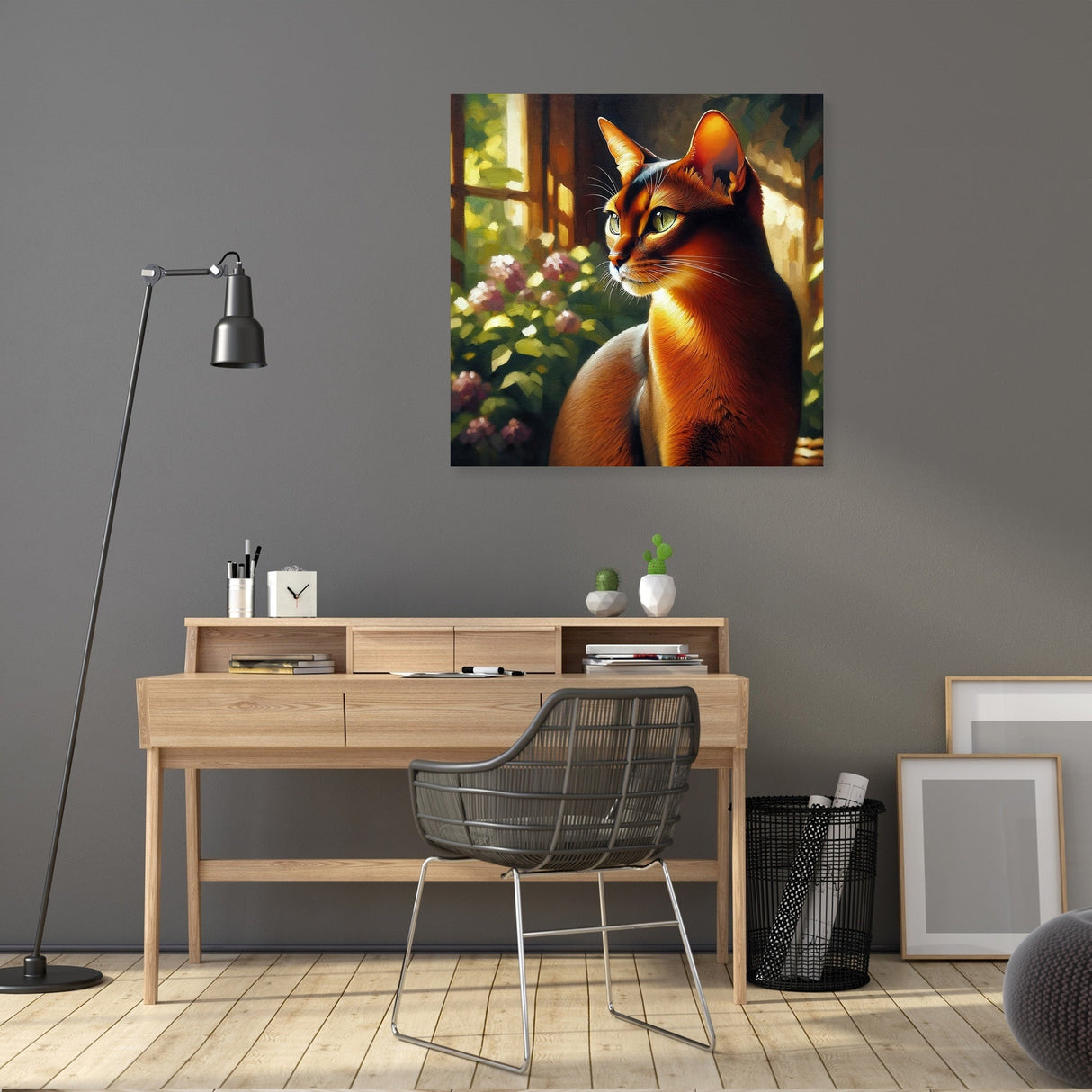 Beautiful wall art canvas featuring a cat beside a window filled with plants and sunlight
