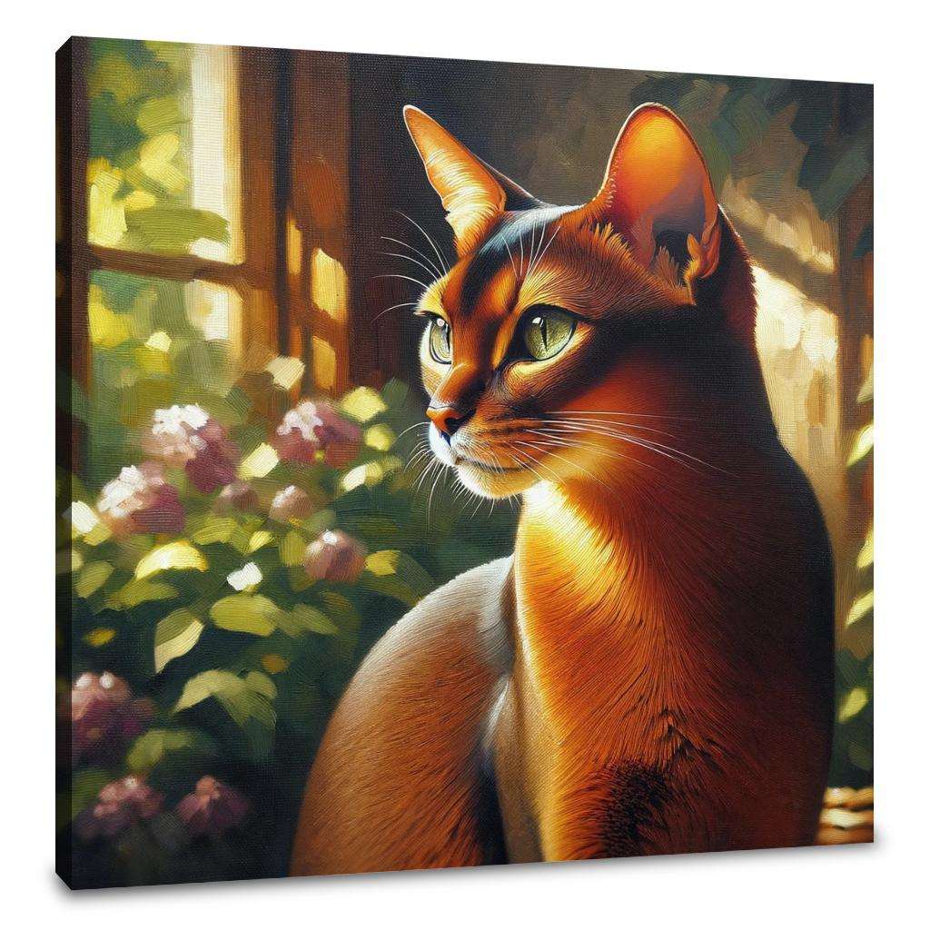 Beautiful wall art canvas featuring a serene cat portrait with vibrant colours and floral background