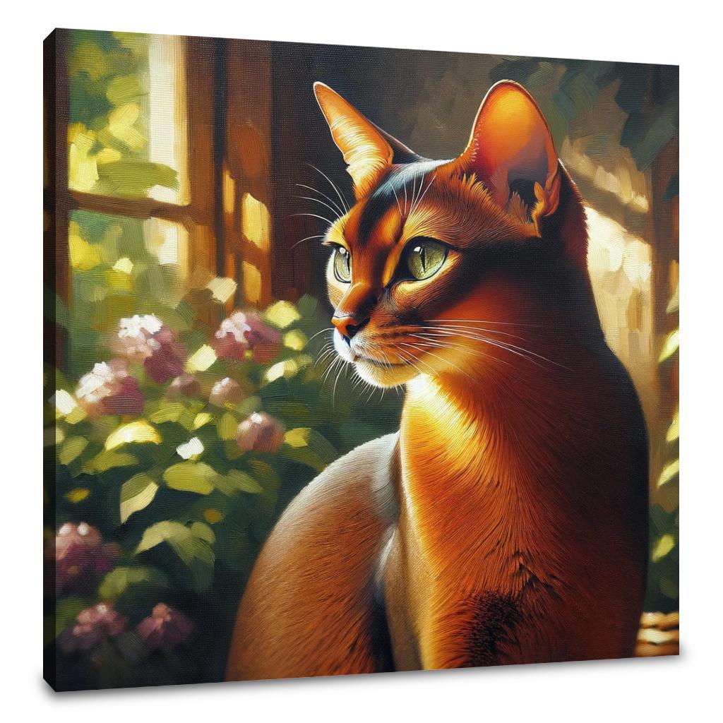 Beautiful wall art canvas featuring a serene cat portrait with vibrant colours and floral background
