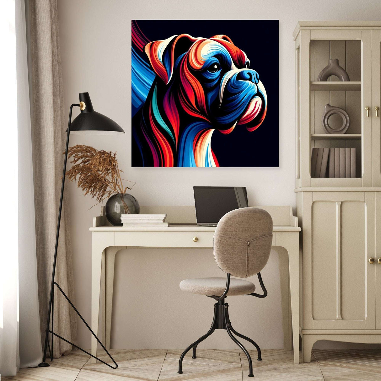 Colourful Boxer Dog Wall Art Canvas adding vibrant decor to a modern workspace