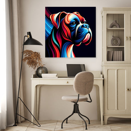 Colourful Boxer Dog Wall Art Canvas adding vibrant decor to a modern workspace