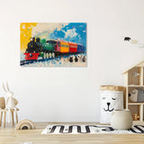 Colourful wall art canvas featuring a vibrant train on a scenic background, ideal for home decor