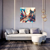 Colourful urban Wall Art Canvas depicting a busy city street scene above a modern sofa