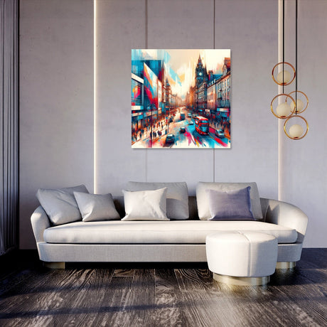 Colourful urban Wall Art Canvas depicting a busy city street scene above a modern sofa
